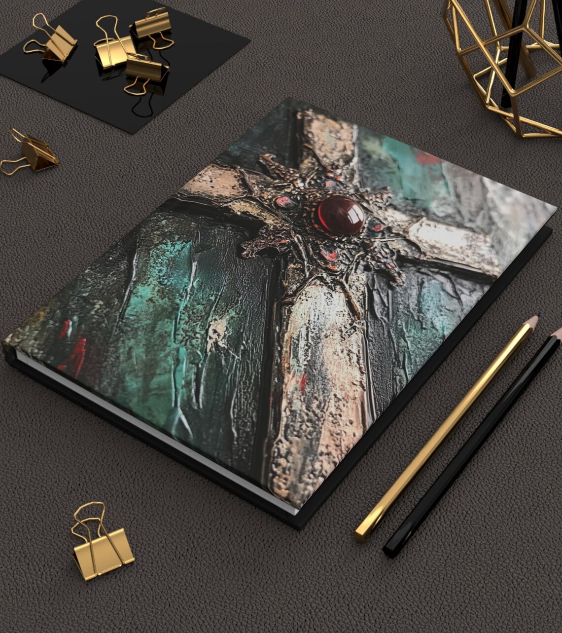 Ornate Vintage Cross with Red Gemstone Hardcover Journal Art Print