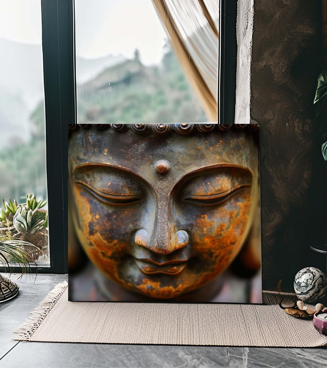 Serene Weathered Bronze Buddha Face Close Up Zen Calm Poster - Image 3