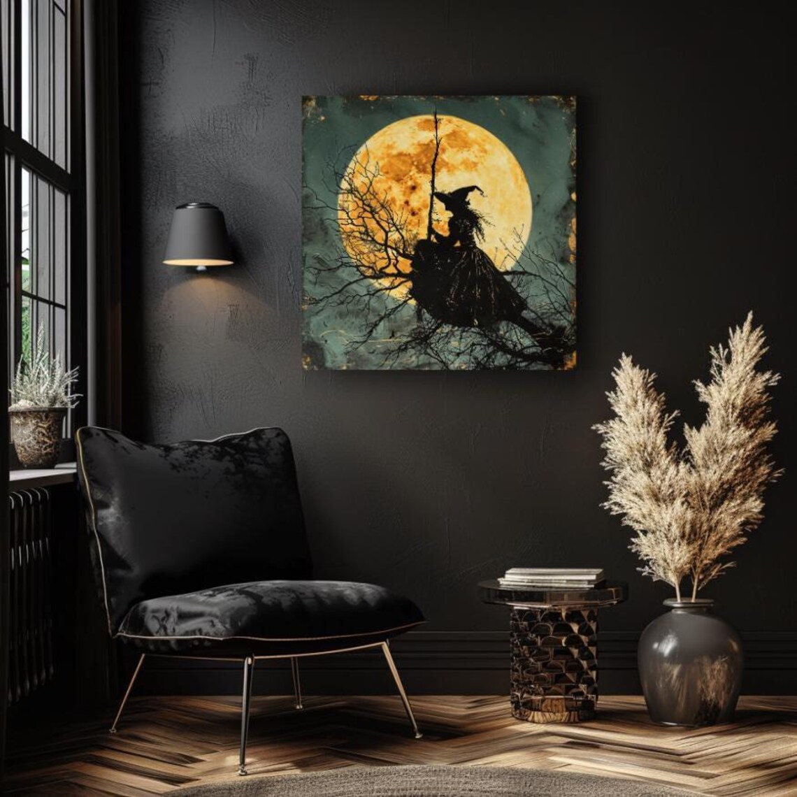 Witch Flying on Broomstick Across Giant Harvest Moon Vintage Poster - Image 2