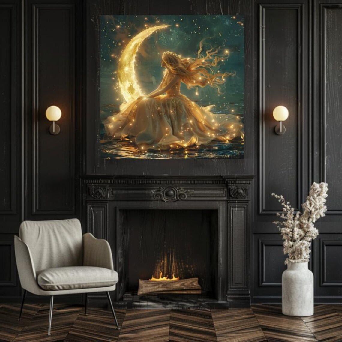 Golden Moon Goddess Seated On Crescent Moon Starlit Sea Poster - Image 4