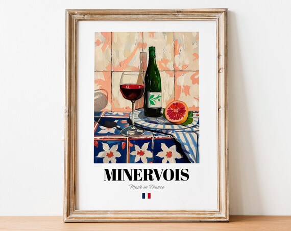 Vintage Minervois Glass Print Poster Boho Wine Art For Homes And Bars
