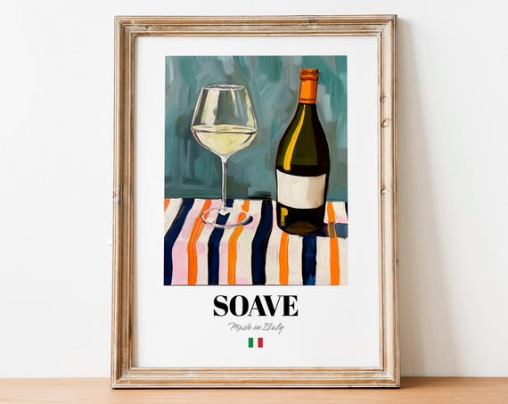 Soave Italian White Wine Glass Bottle Striped Cloth Art Poster