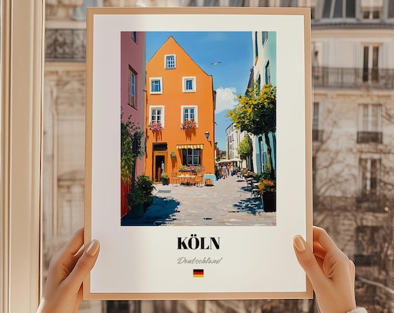 Koln Germany Travel Poster Sunny Old Town Orange House Painting Decor