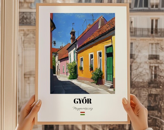 Gyor Hungary Colorful Old Town Street Sunlit Oil Painting Poster