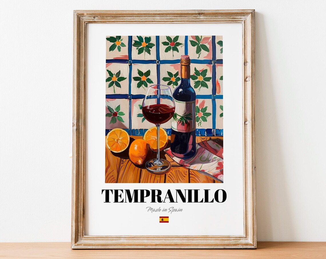 Spanish Tempranillo Art Print Poster Red Wine Artwork For Bars And Cafs