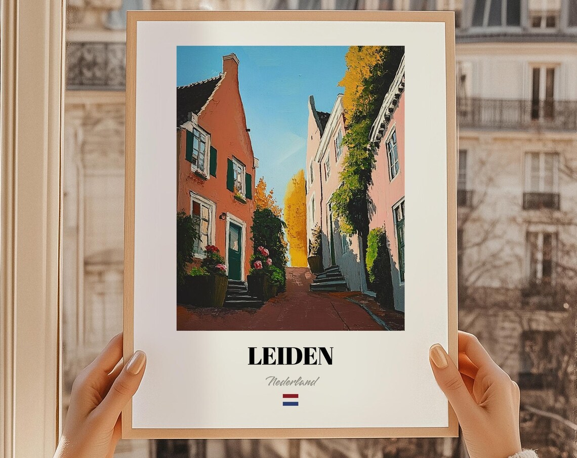 Leiden Netherlands Poster Picturesque Dutch Canal Street Painting