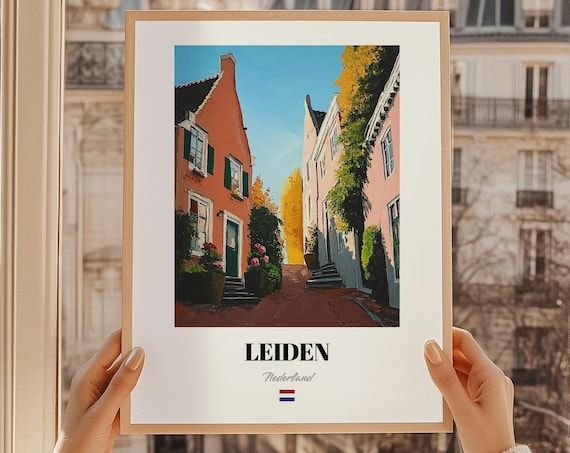 Leiden Netherlands Poster Picturesque Dutch Canal Street Painting