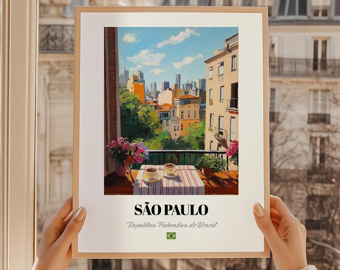 Sao Paulo Brazil Flower Balcony Coffee Cityscape Painting Travel Poster