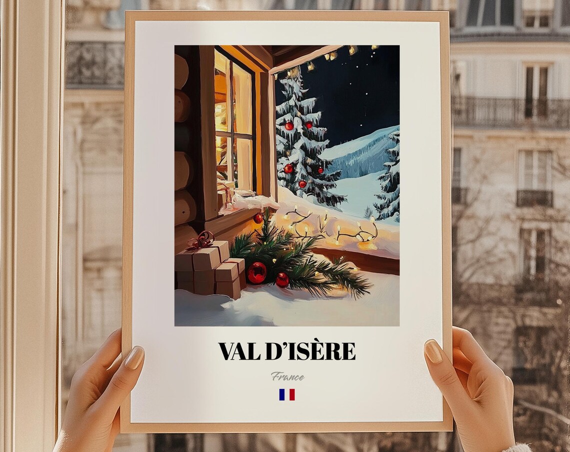 Val d'Isere France Christmas Window Vintage Ski Poster Holiday Decor Gift