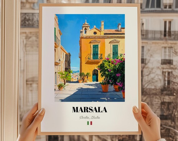 Marsala Sicily Italy Golden Building Bougainvillea Oil Painting Poster