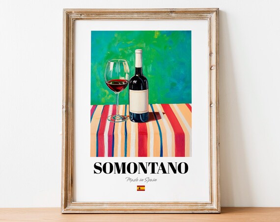 Somontano Spanish Red Wine Bottle and Glass Vibrant Wall Poster