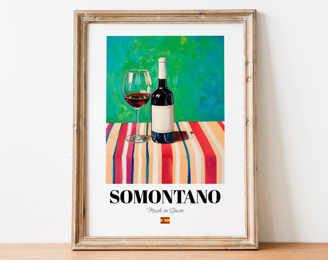 Somontano Spanish Red Wine Bottle and Glass Vibrant Wall Poster