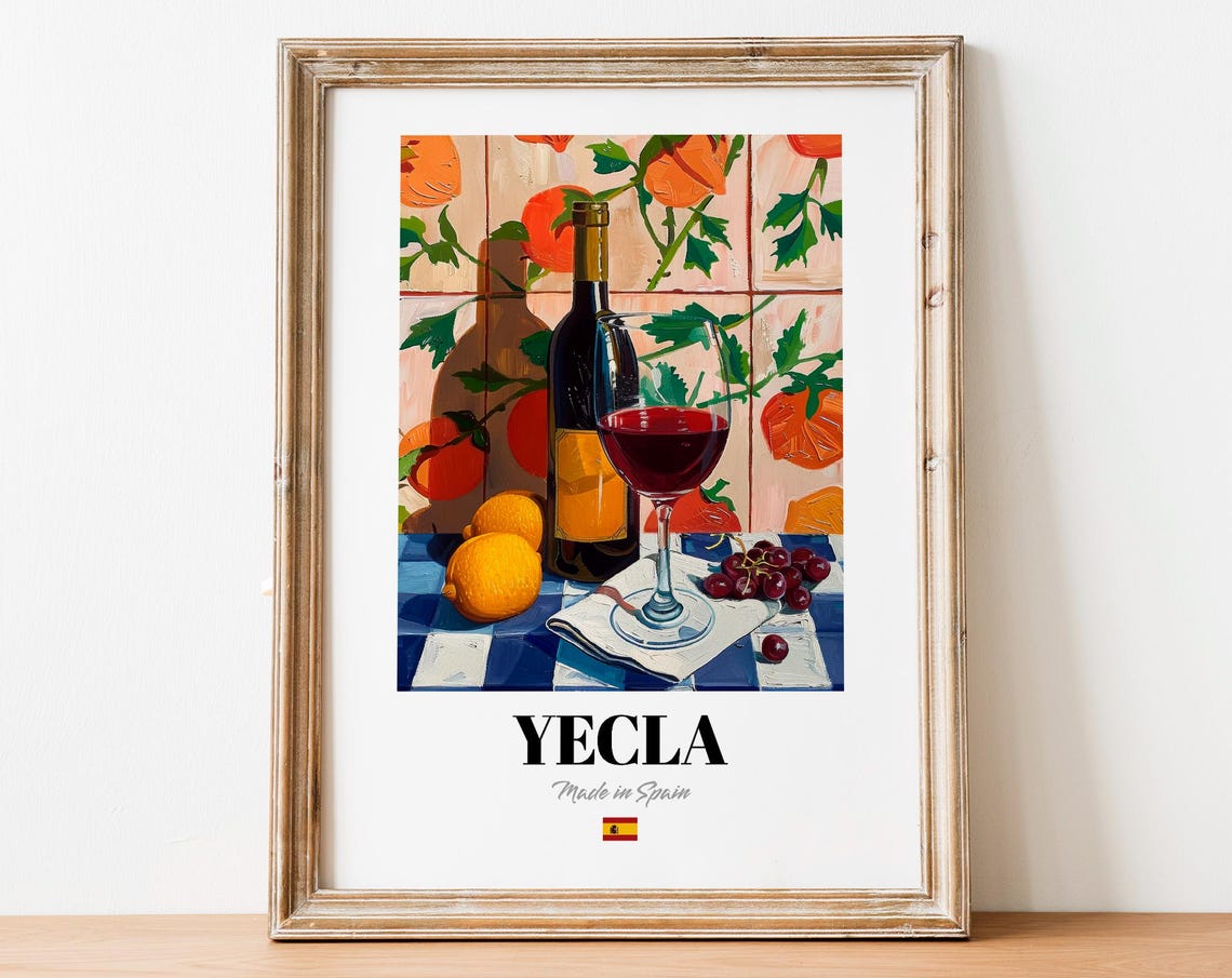 Yecla Spanish Red Wine Bottle Glass Fruit Still Life Art Poster