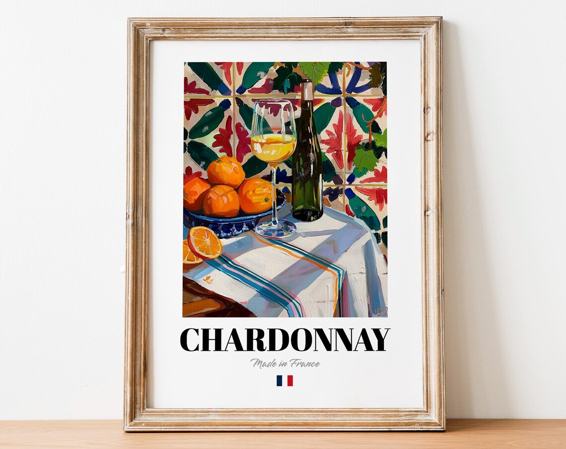 Vintage Chardonnay Glass Print Poster Boho Wine Art For Homes And Bars