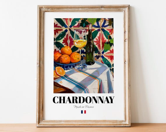 Chardonnay French White Wine Bottle Oranges Tiled Kitchen Poster