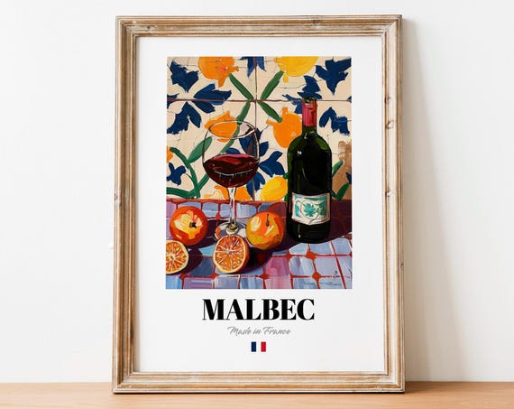 Malbec French Red Wine Bottle Glass Orange Tile Still Life Poster