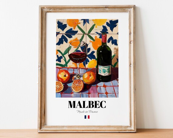 Retro Malbec Glass Print Poster Boho Wine Art For Homes And Bars