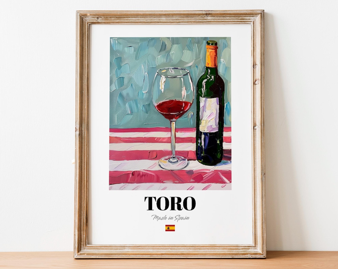 Toro Made in Spain Red Wine Bottle and Glass Spanish Art Poster