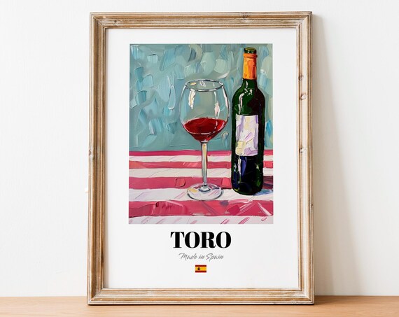 Toro Made in Spain Red Wine Bottle and Glass Spanish Art Poster