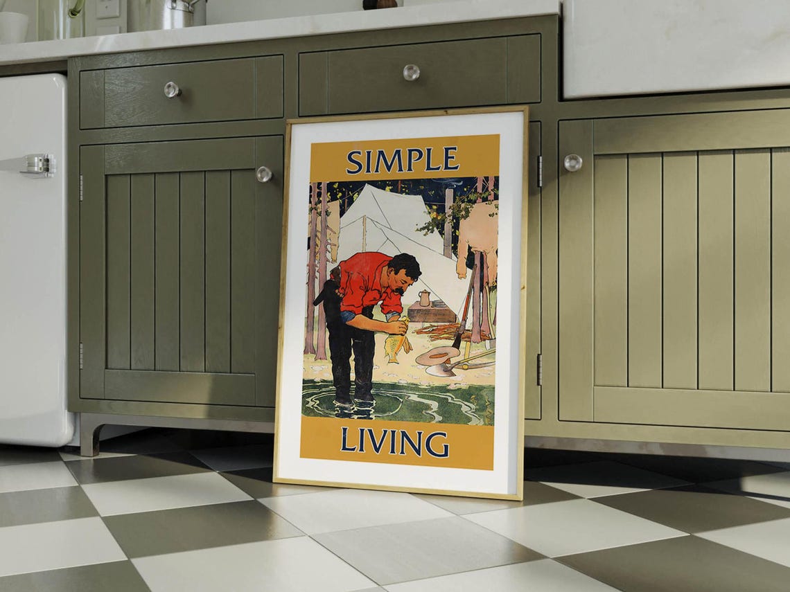 Simple Living Vintage Camping Angler Tent Riverside Scene Poster - Image 2