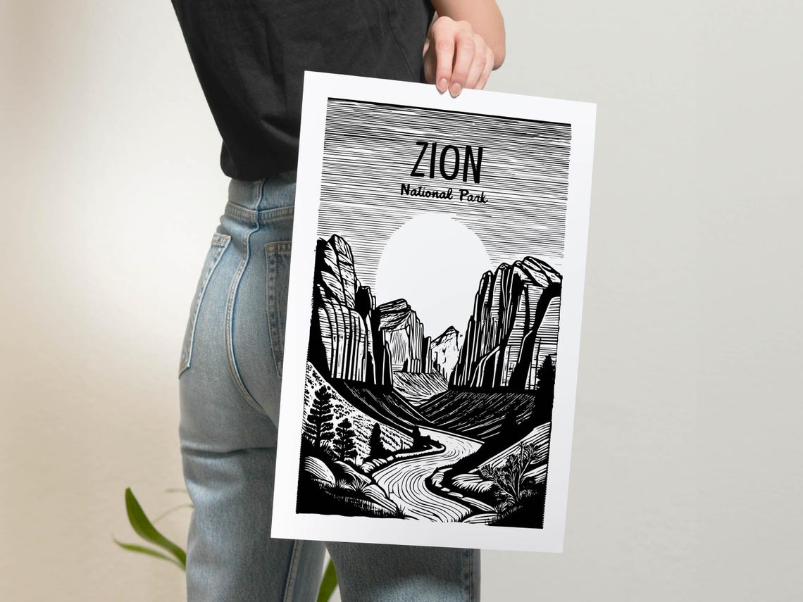 Woodcut Zion Travel Print Retro Zion Art Wall Decor Southwest Utah Travel Wall Art Canyons Outdoorsy Gift For Traveler - Image 2