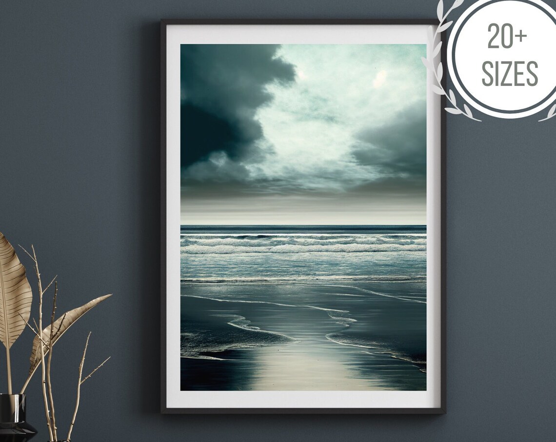 Moody Ocean Waves and Teal Sky Modern Coastal Seascape Painting Poster