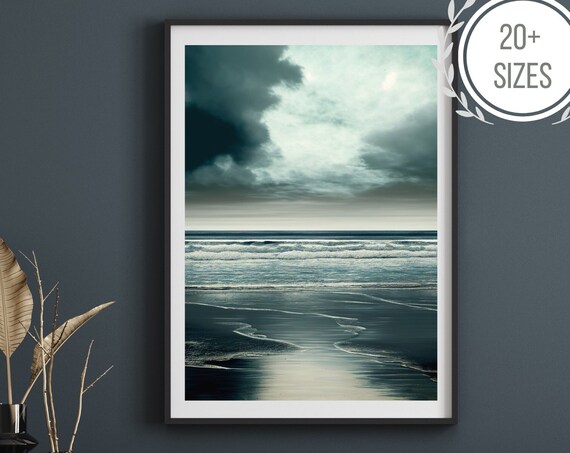 Moody Ocean Waves and Teal Sky Modern Coastal Seascape Painting Poster