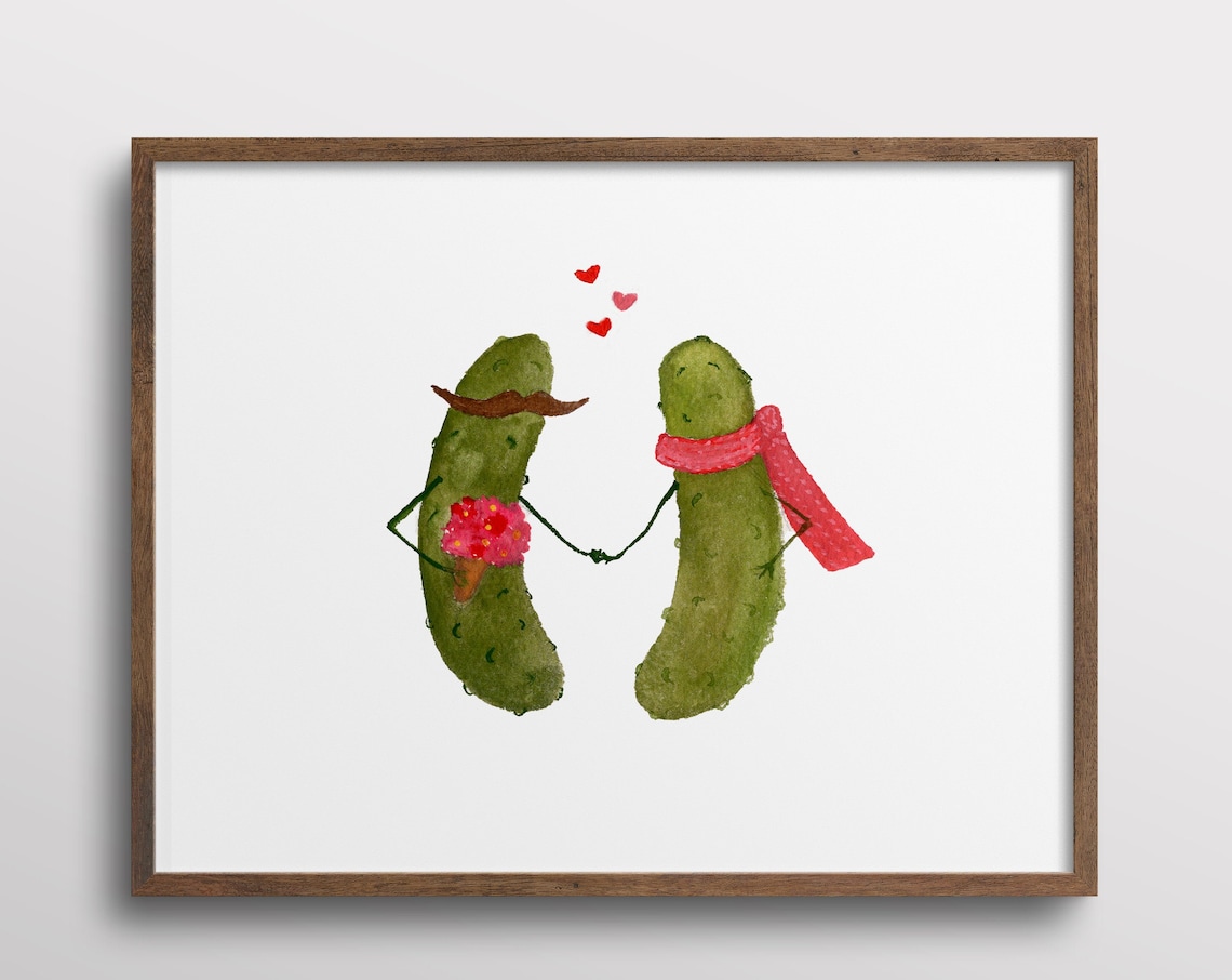 Whimsical Pickles With Mustaches In Love Art Print