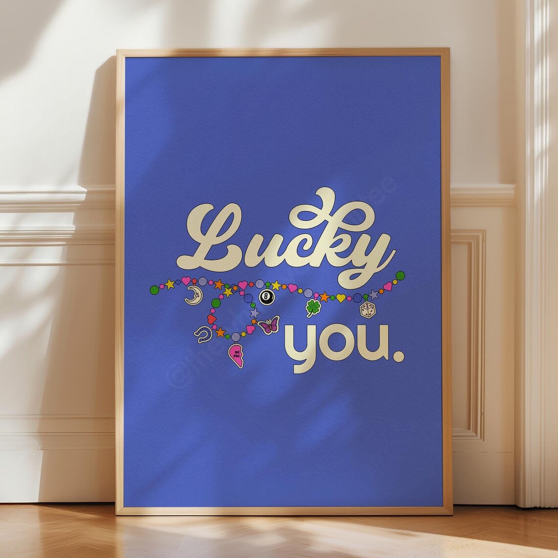 Lucky You Royal Blue Retro Script Charm Necklace Positive Quote Poster