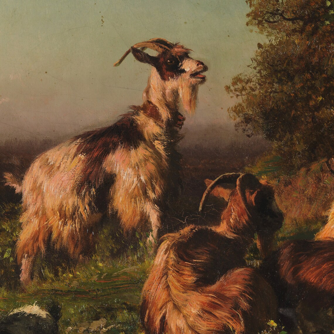 Woman and Child Picking Grapes with Goats Pastoral Painting Poster - Image 3