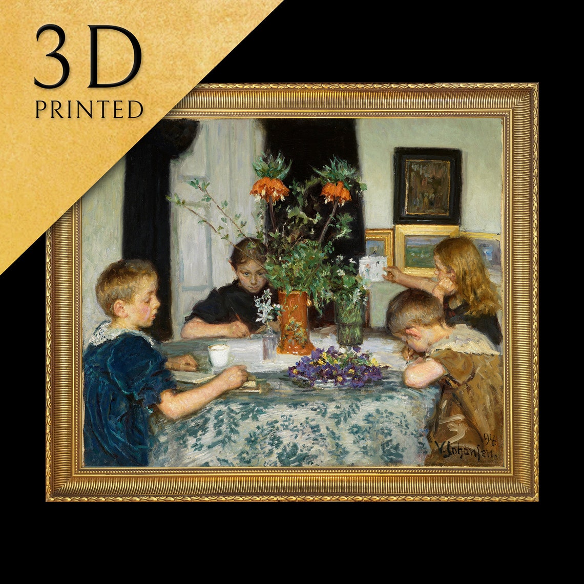 Viggo Johansen Children Painting Spring Flowers Charming Poster