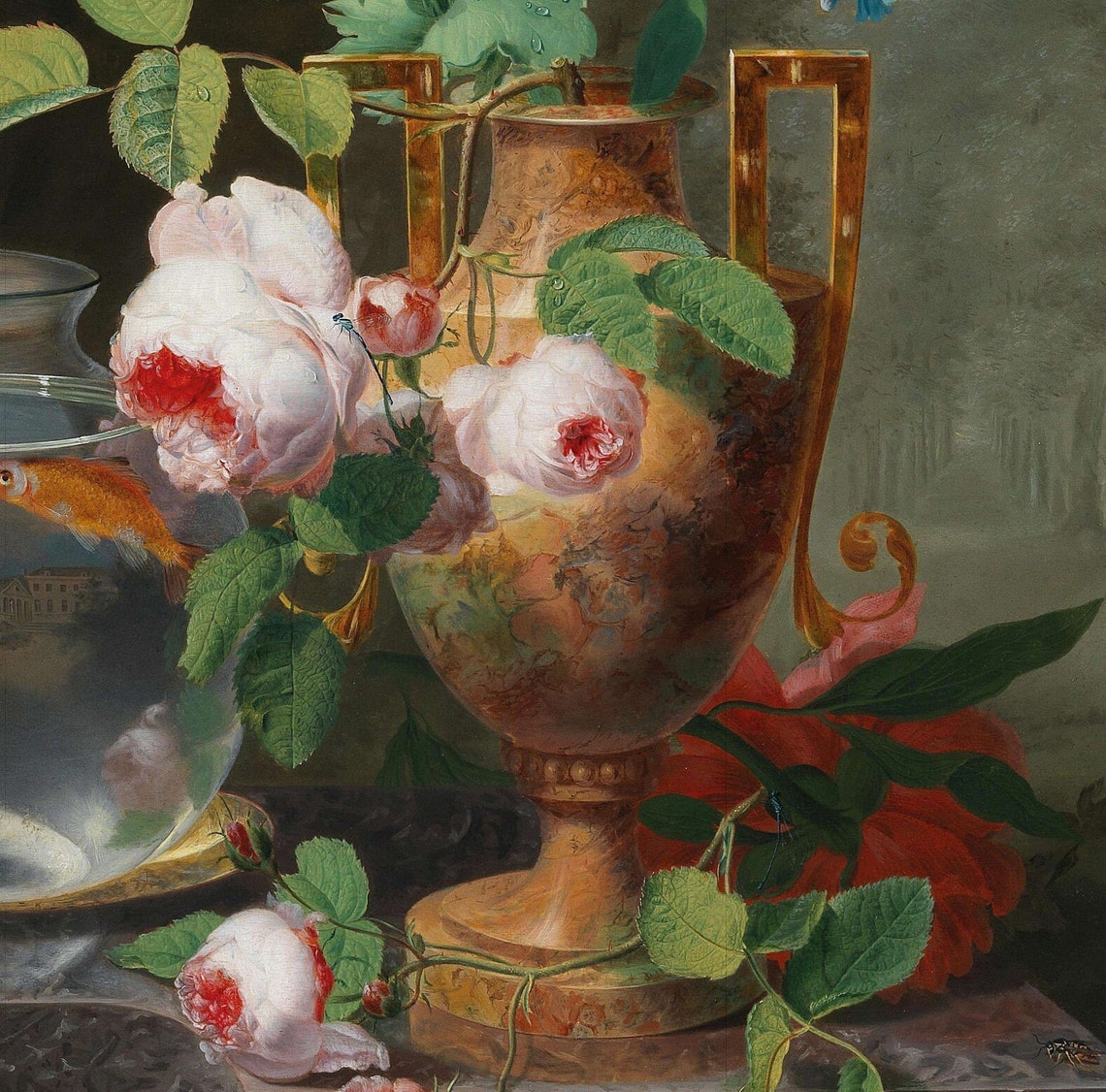Classic Still Life with Roses and a Goldfish Bowl on Marble Poster - Image 2