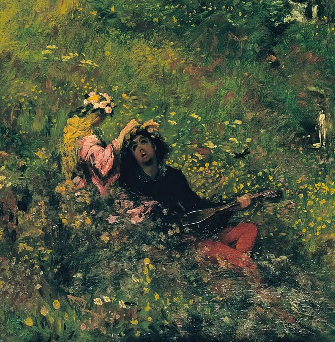 Moonlit Wildflower Meadow With a Reclining Woman Night Classic Art Poster - Image 3