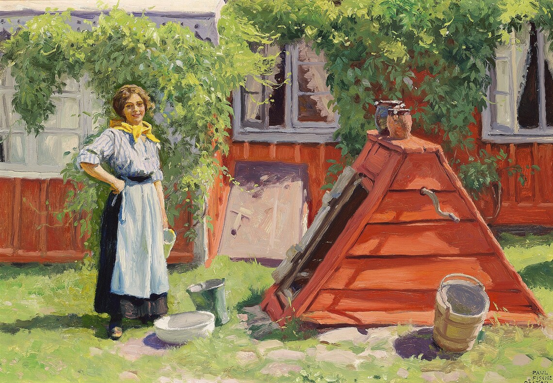Paul Fischer Red Swedish Cottage Woman Sunny Garden Day Poster - Image 3