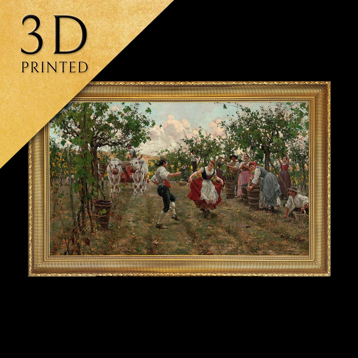 Italian Grape Harvest with an Ox Cart and Workers Dancing Poster