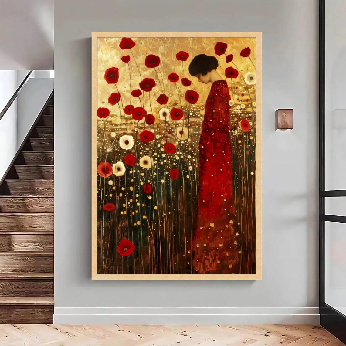 Klimt Inspired Poppy Field, Elegant Woman Art Print