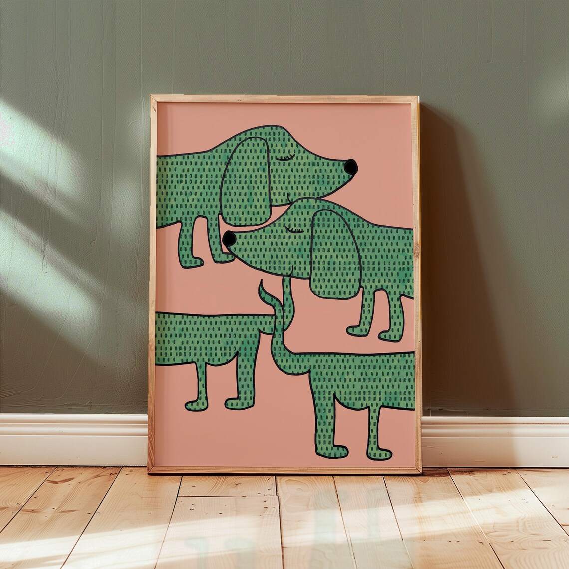 Playful Green Dachshund Dogs Pink Background Quirky Art Poster