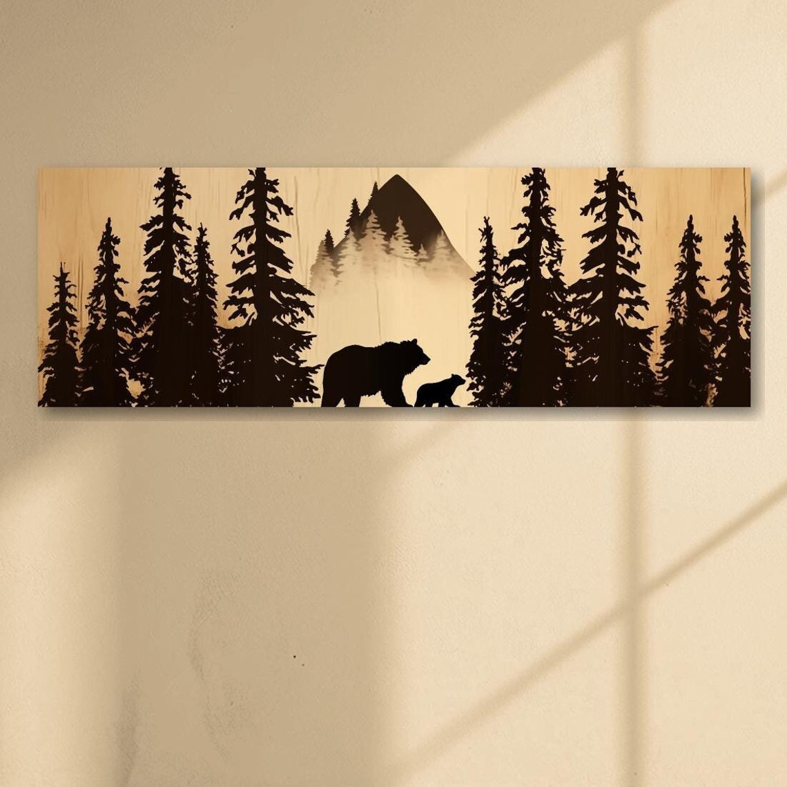 Bear And Cub Silhouette In Pine Forest Panoramic Mountain Poster
