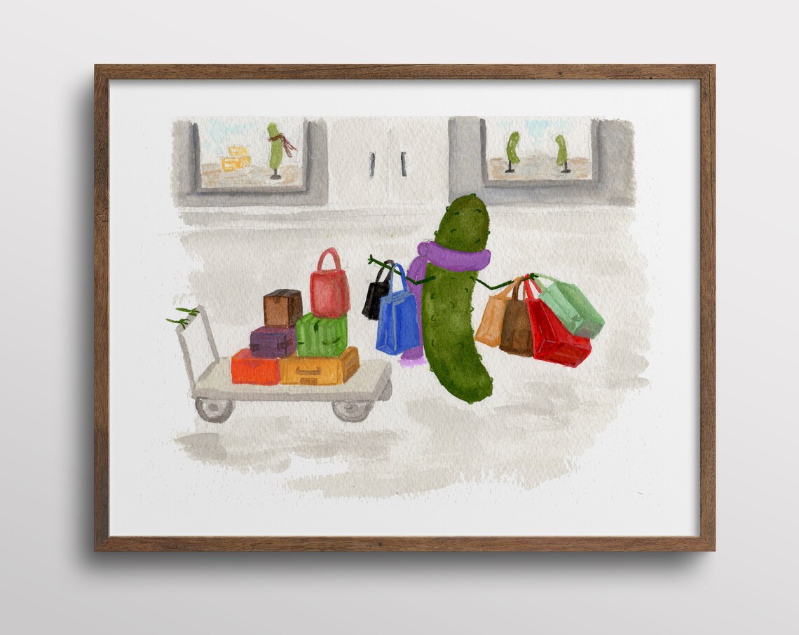 Whimsical Pickle Shopaholic Watercolor Art Print