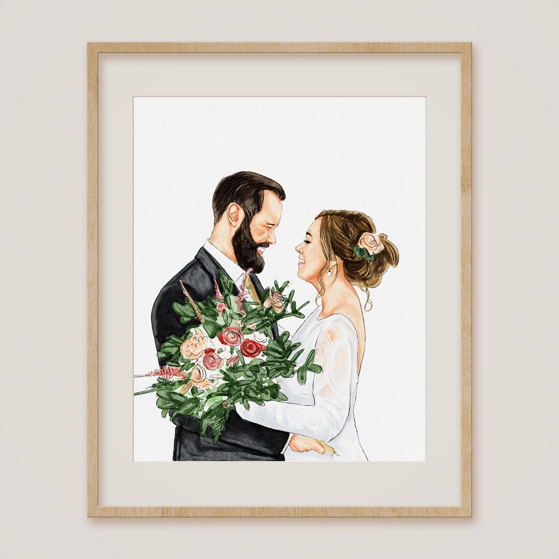 Bride and Groom with Bouquet Watercolor Portrait Poster Gift