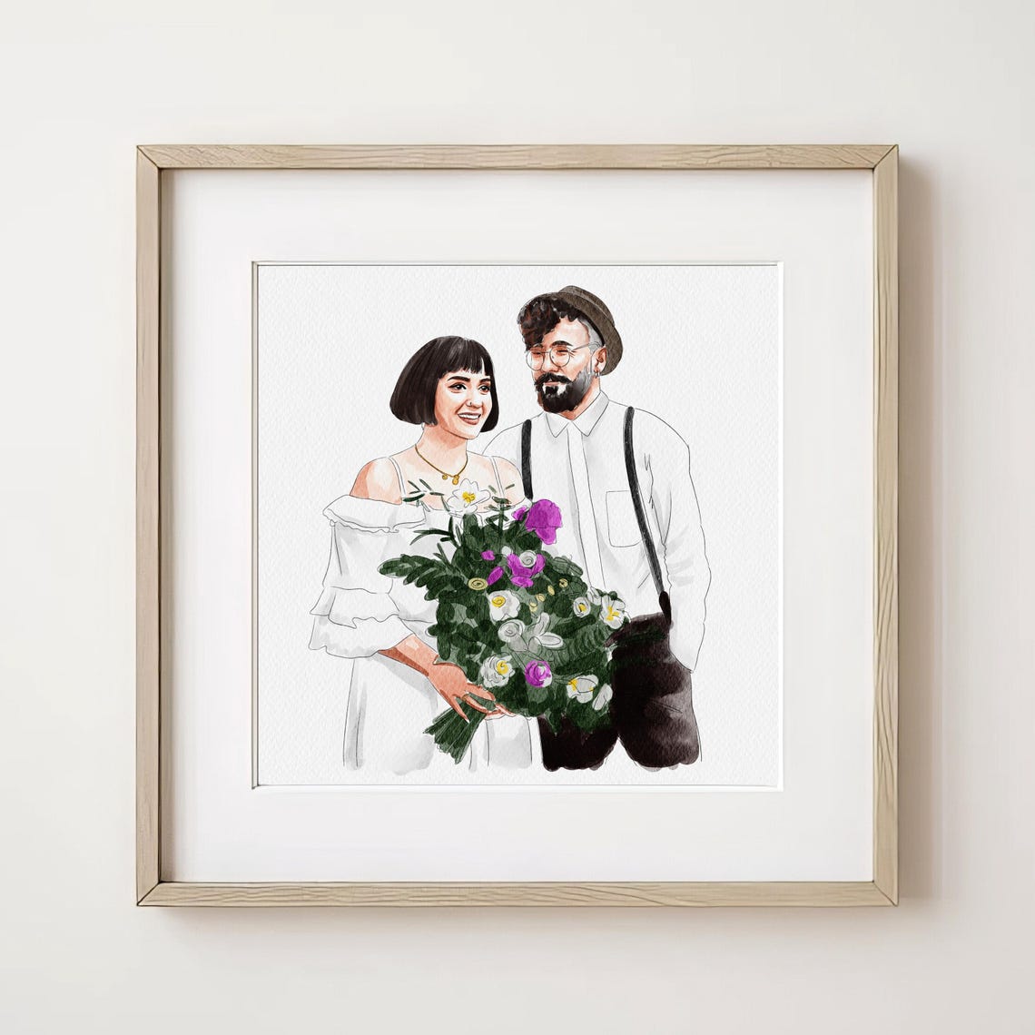 Custom Watercolor Wedding Couple Bouquet Anniversary Portrait Poster