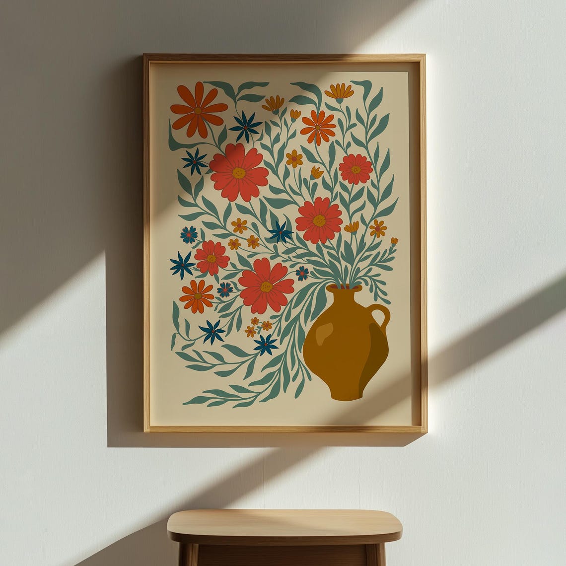 Red Orange Wildflowers in a Brown Vase Folk Art Floral Poster