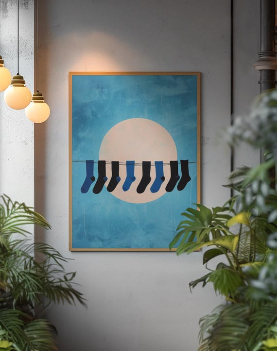 Socks On Clothesline Moon Night Surreal Minimalist Art Poster