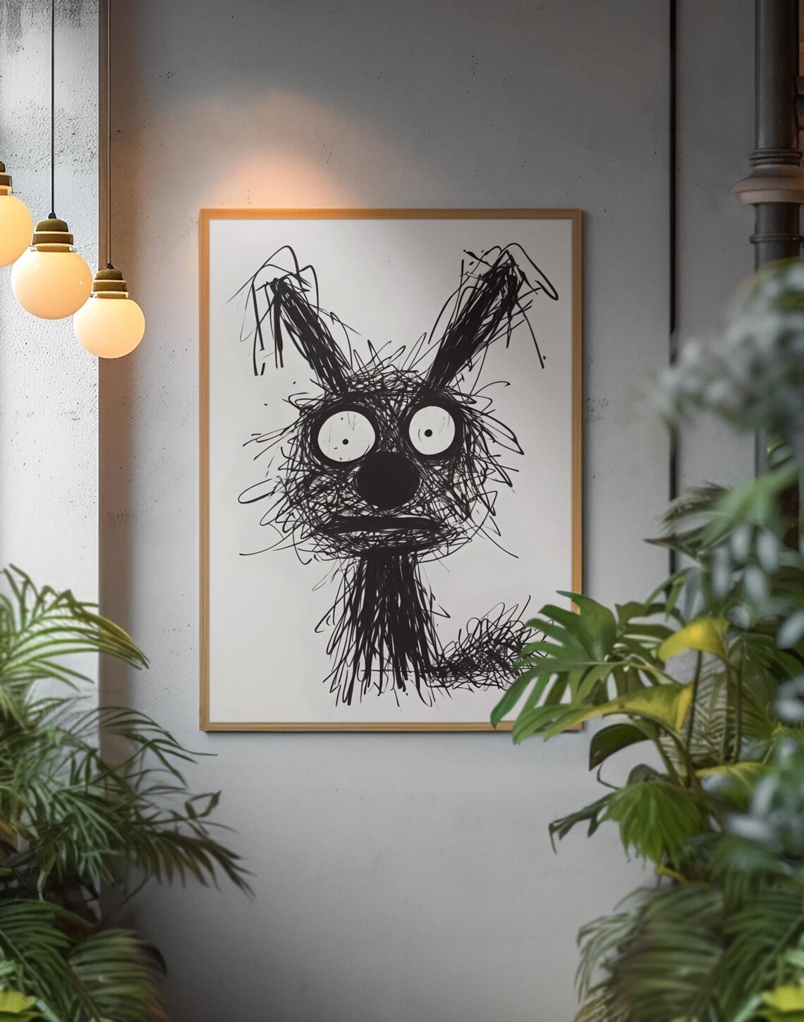 Poster Scribble Bunny Abstract Rabbit Line Art Black White Funny Animal Print