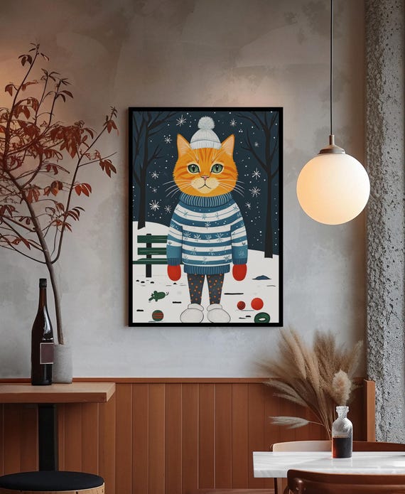 Winter Cat Print Funny Christmas Sweater Animal Art