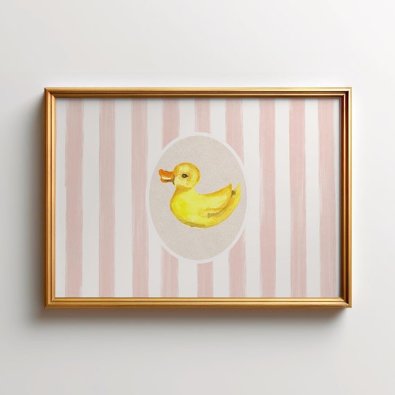 Pink Striped Rubber Duck Horizontal Print Wall Art Nursery Botanical Bathroom Decor Wall Art Farmhouse