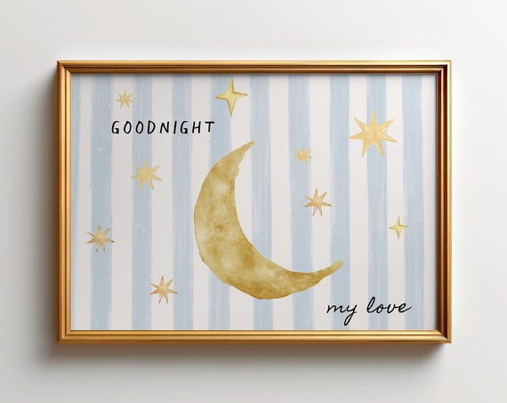 Blue Goodnight My Love Print Wall Art Nursery Vintage Painting Cottagecore Decor Wall Art Horizontal