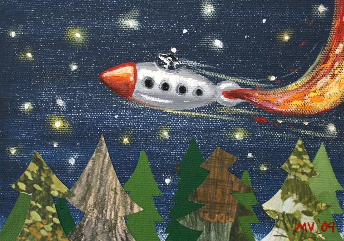 Rocket Ship Flying Over Pine Trees Night Sky Kids Room Poster