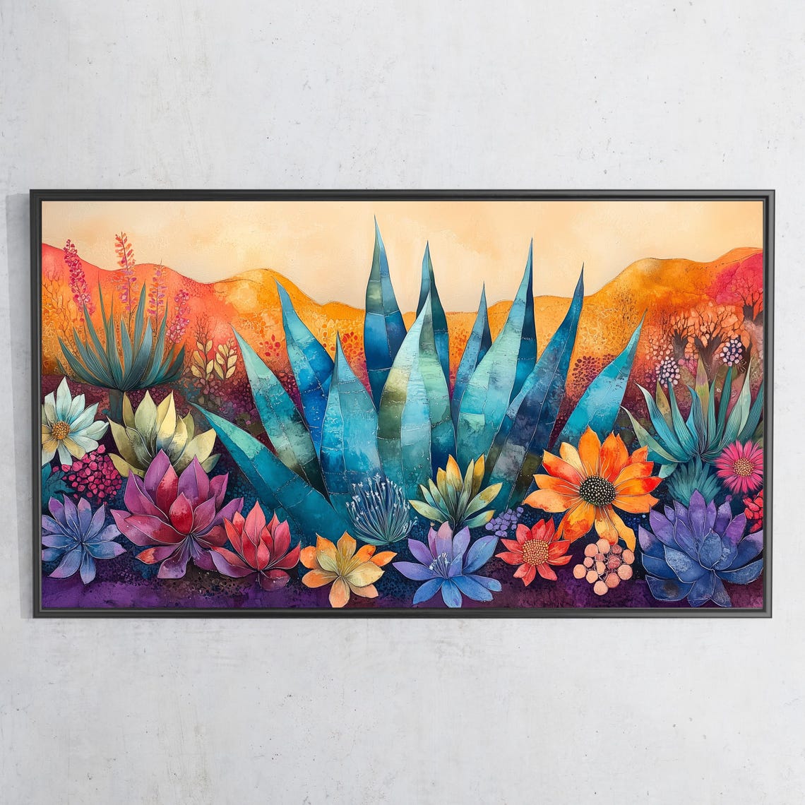 Desert Agave Cactus Flowers Watercolor Southwest Botanical Wall Art