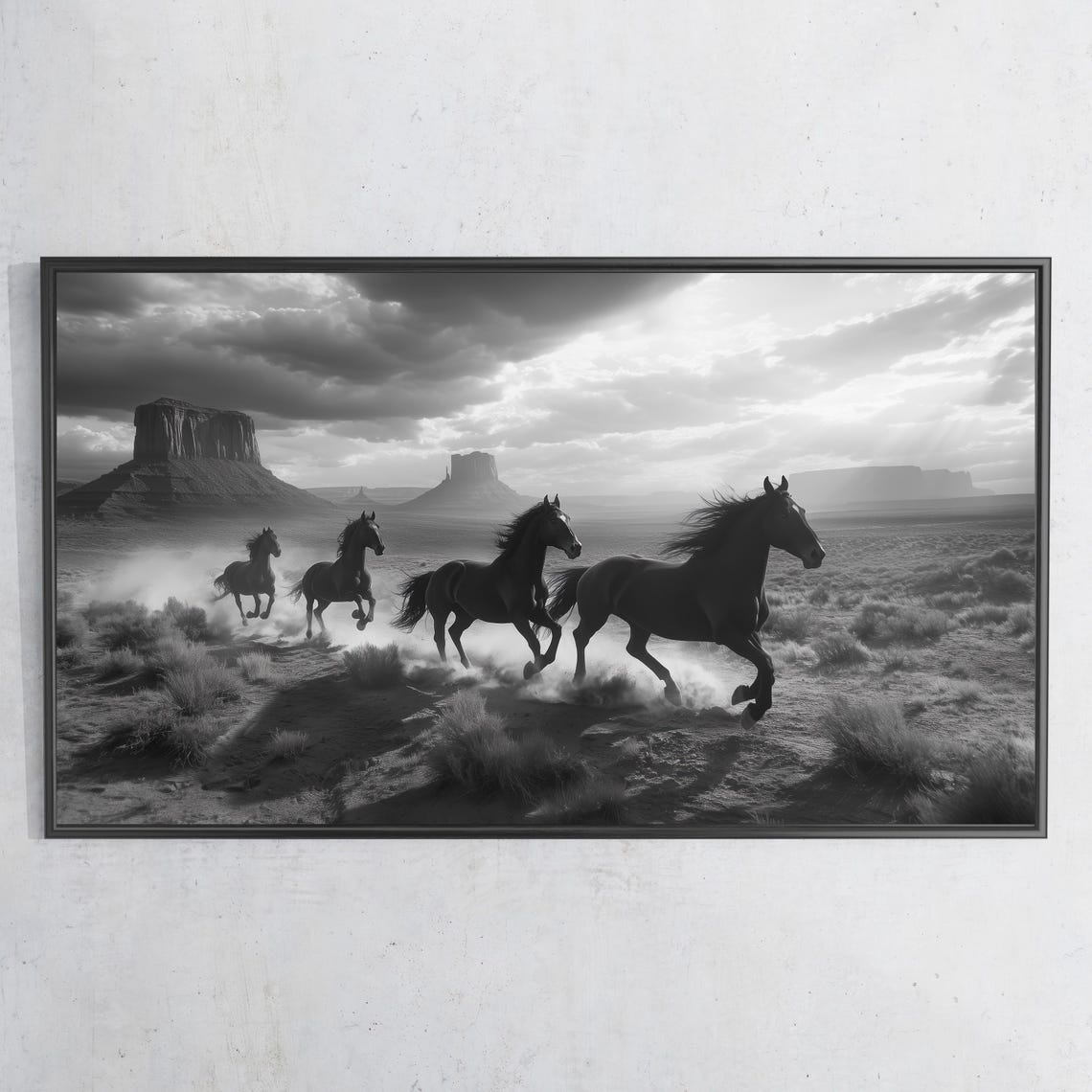 Wild Horses Galloping Desert Buttes Sunset Black White Travel Poster